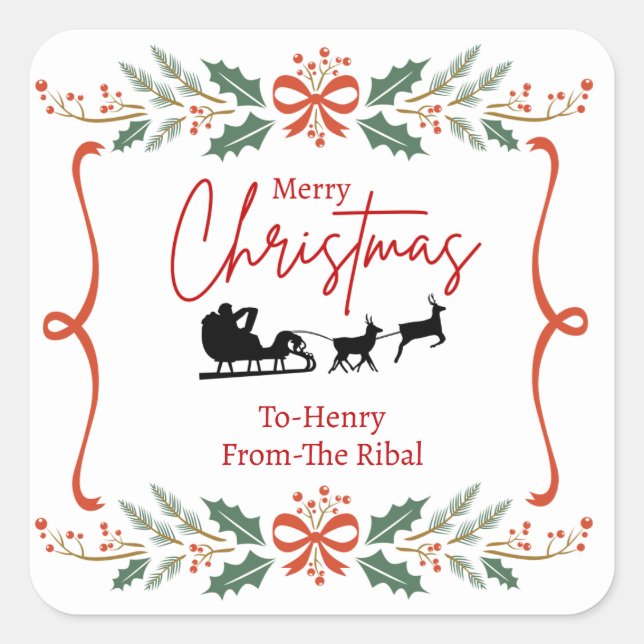 Adesivo Quadrado Elegant Merry Christmas Sticker with Santa Sleigh  (Frente)