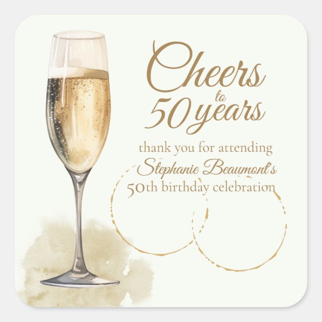 Adesivo Quadrado Elegant Modern Champagne Cheers 50th Birthday (Frente)