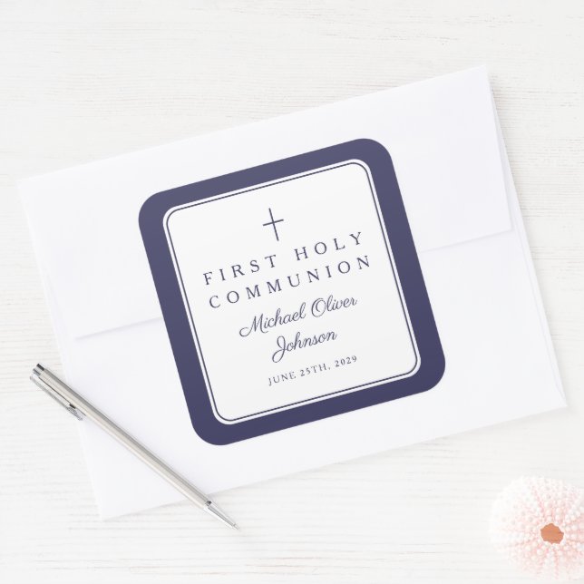 Adesivo Quadrado Elegant Navy Blue Cross Boy First Communion  (Envelope)
