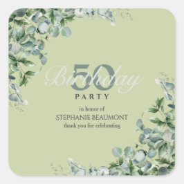 Adesivo Quadrado Elegant Pastel Green Flower Women's 50th Birthday 