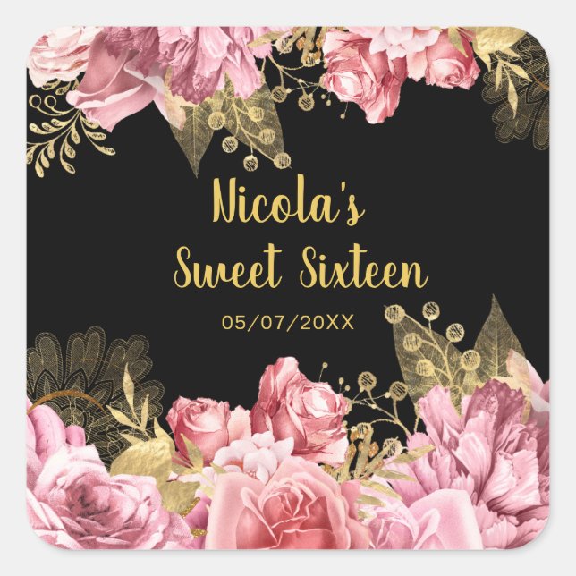 Adesivo Quadrado Elegant Pink and Gold Flowers Sweet Sixteen  (Frente)