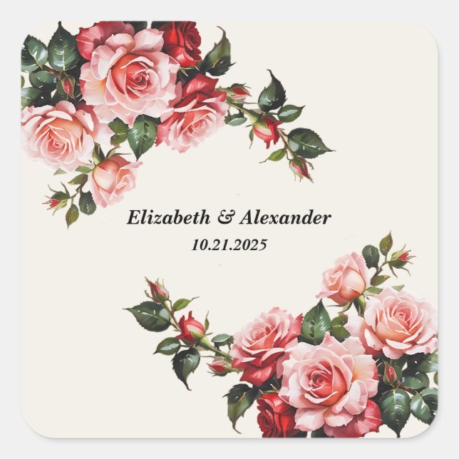 Adesivo Quadrado Elegant pink and red roses floral wedding  (Frente)