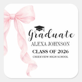 Adesivo Quadrado Elegant Pink Bow Graduation Cap Graduate
