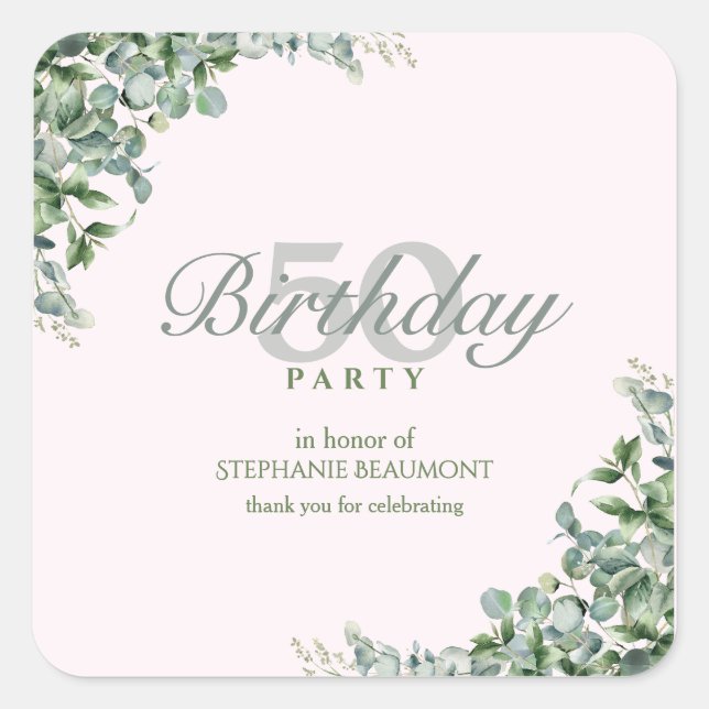 Adesivo Quadrado Elegant Pink Green Flower Women's 50th Birthday  (Frente)