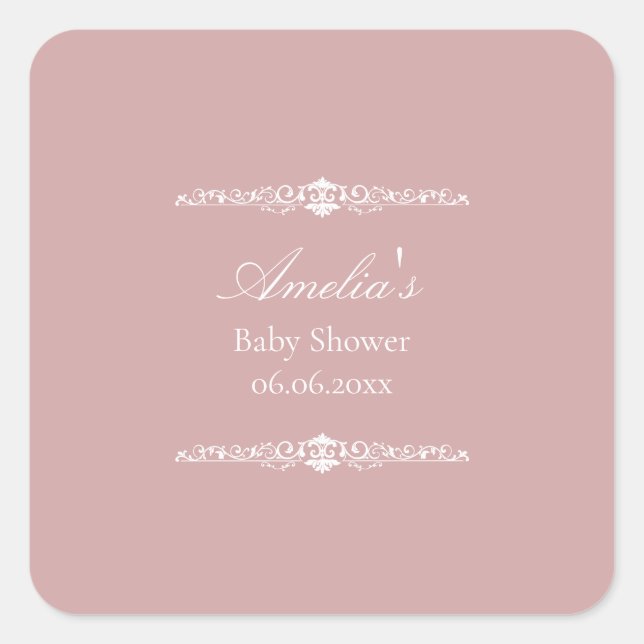 Adesivo Quadrado Elegant Pink Regency Style Baby Shower  (Frente)