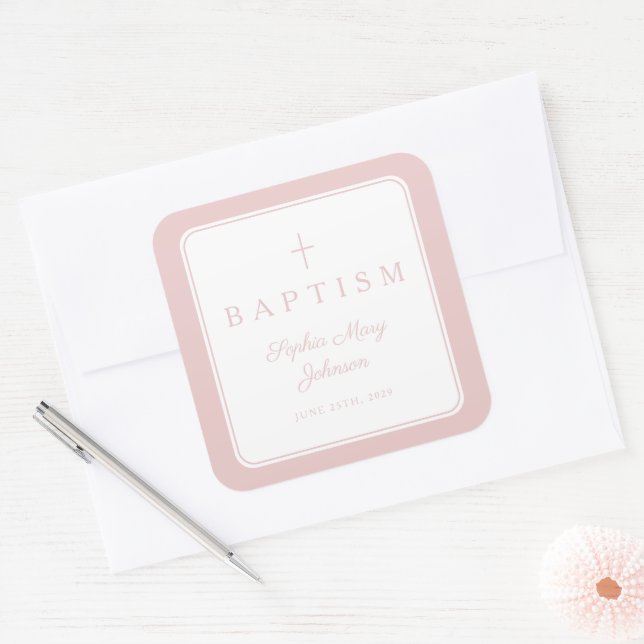 Adesivo Quadrado Elegant Pink Religious Cross Boy Baptism  (Envelope)