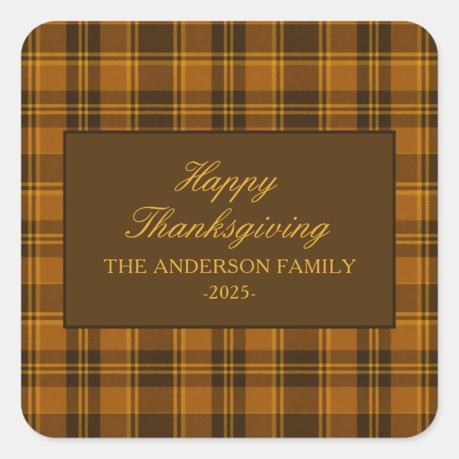 Adesivo Quadrado Elegant Plaid Thanksgiving Classic Custom Favor (Frente)