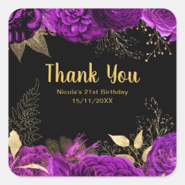 Adesivo Quadrado Elegant Purple and Gold Flowers Birthday Party