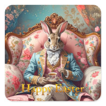 Elegant rabbit Drinking Tea Happy Easter