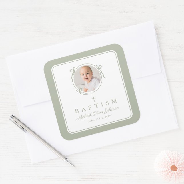 Adesivo Quadrado Elegant Sage Green Bow Boy Photo Baptism (Envelope)