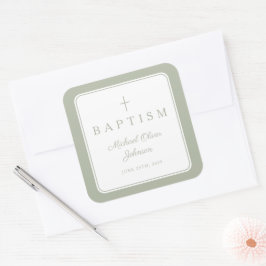 Adesivo Quadrado Elegant Sage Green Cross Boy Baptism 