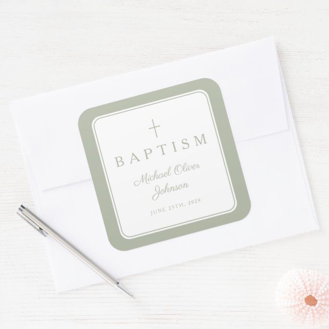 Adesivo Quadrado Elegant Sage Green Cross Boy Baptism  (Envelope)