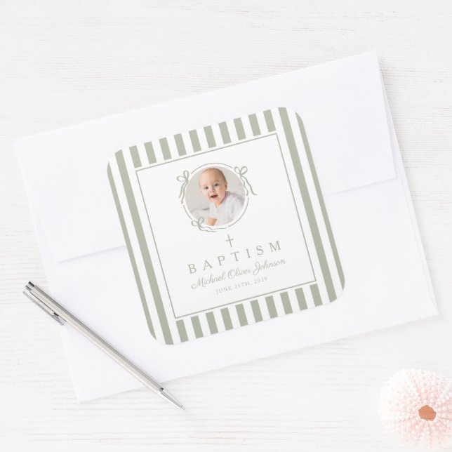Adesivo Quadrado Elegant Sage Green Photo Baptism (Envelope)