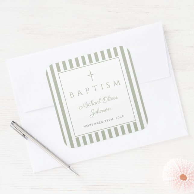 Adesivo Quadrado Elegant Sage Green Religious Cross Baptism (Envelope)