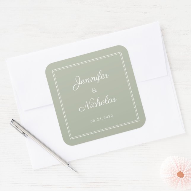 Adesivo Quadrado Elegant Sage Green Script Wedding (Envelope)