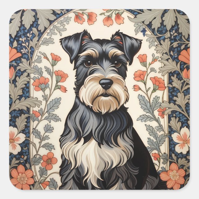 Adesivo Quadrado Elegant Schnauzer William Morris Inspired Floral (Frente)