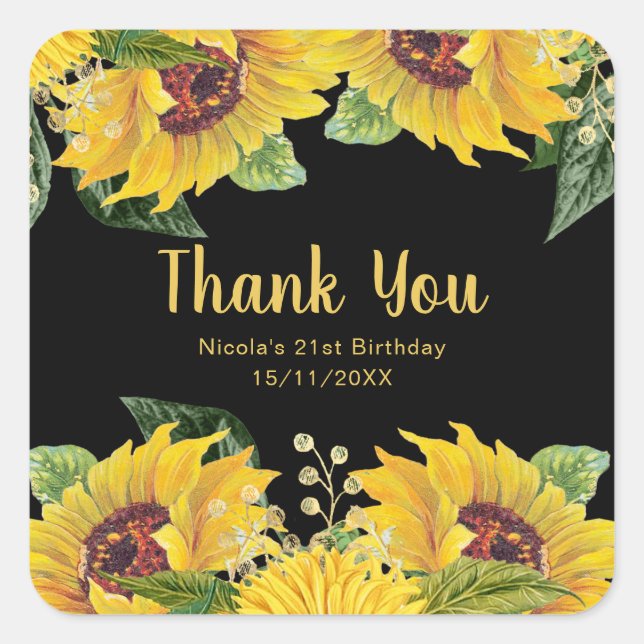 Adesivo Quadrado Elegant Sunflowers and Foliage Birthday Party (Frente)