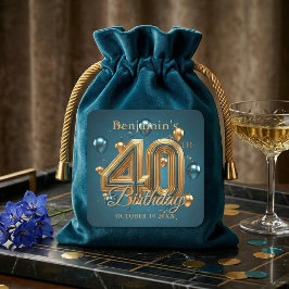 Adesivo Quadrado Elegant Teal Blue and Gold 40th Birthday Party