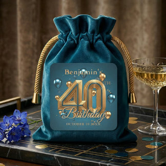 Adesivo Quadrado Elegant Teal Blue and Gold 40th Birthday Party