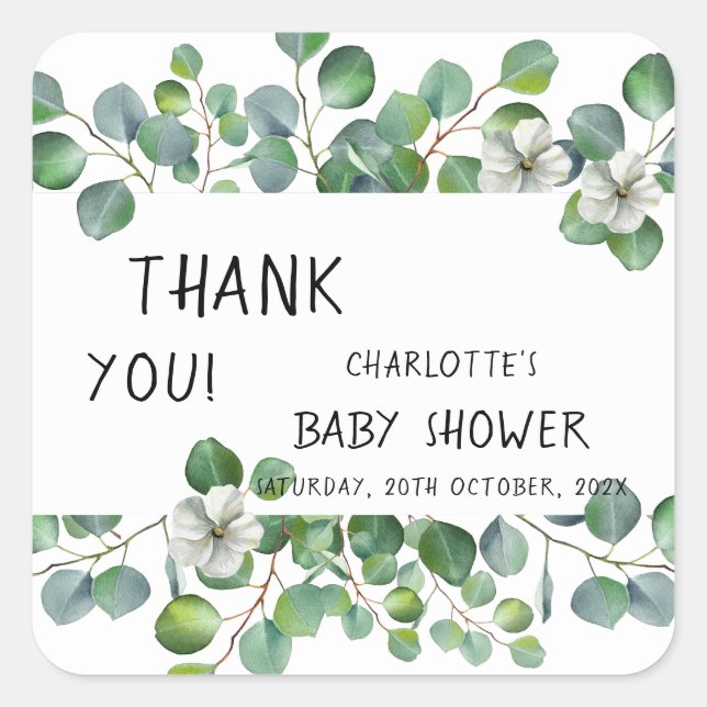 Adesivo Quadrado Elegant Watercolor Eucalyptus Baby Shower (Frente)