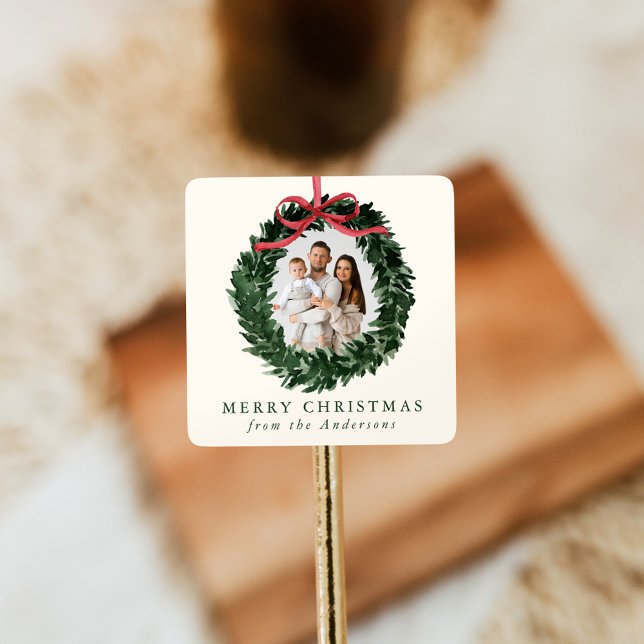 Adesivo Quadrado Elegant Watercolor Wreath with Bow Photo Holiday (Criador carregado)