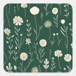 Adesivo Quadrado Elegant Wildflower Pattern on Dark Green 