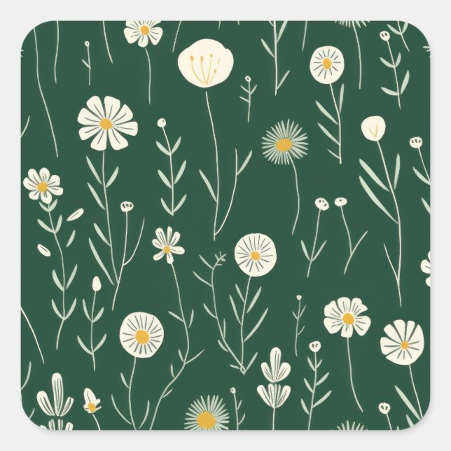 Adesivo Quadrado Elegant Wildflower Pattern on Dark Green  (Frente)
