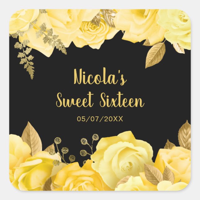 Adesivo Quadrado Elegant Yellow and Gold Flowers Sweet Sixteen (Frente)