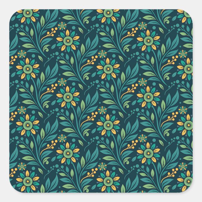Adesivo Quadrado Elegant Yellow and Teal Floral Pattern Design (Frente)