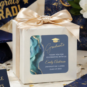 Adesivo Quadrado Elegante Ágata Azul e Dourada Graduado Obrigado