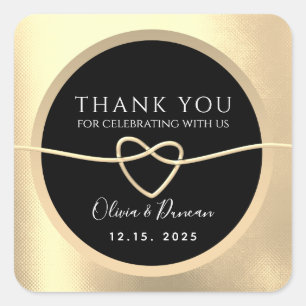 Adesivo Quadrado Elegante Agradecimento de Casamento em Ouro e Pret