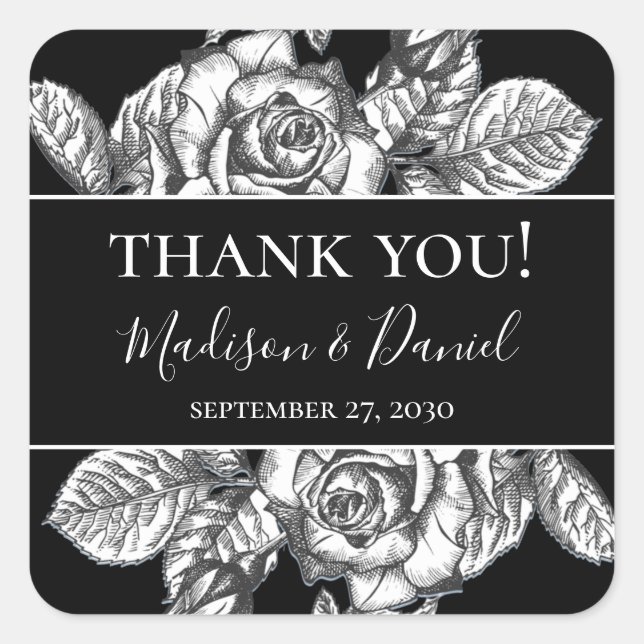 Adesivo Quadrado Elegante Agradecimento de Casamento Floral Preto e (Frente)