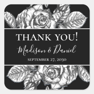 Adesivo Quadrado Elegante Agradecimento de Casamento Floral Preto e