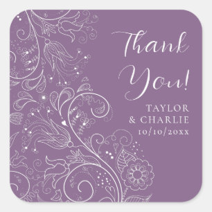 Adesivo Quadrado Elegante Agradecimento de Casamento Floral Roxo Em