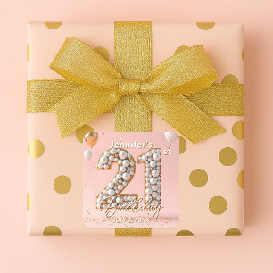 Adesivo Quadrado Elegante Aniversário de 21 anos Rosa Bege e Dourad
