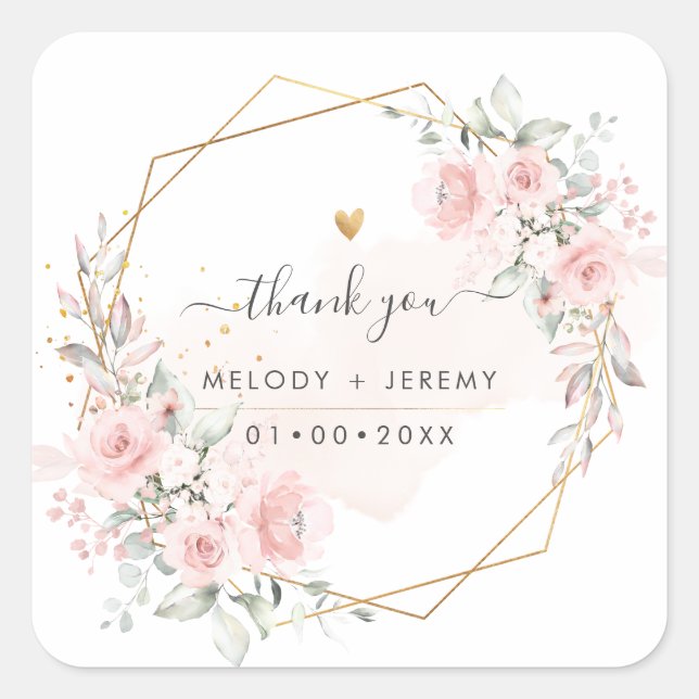 Adesivo Quadrado Elegante Aquarela Rosa Bege Agradecimento (Frente)