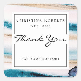 Adesivo Quadrado Elegante Aquarelas Azul Dourado Obrigado