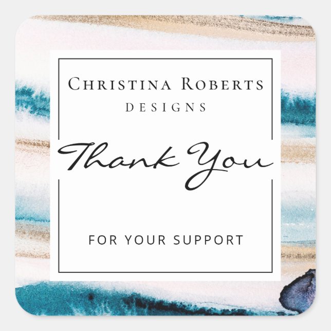 Adesivo Quadrado Elegante Aquarelas Azul Dourado Obrigado (Frente)
