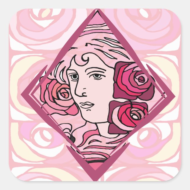 Adesivo Quadrado Elegante Art Nouveau Rosa Mulher (Frente)