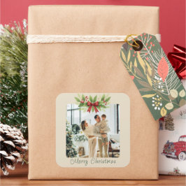 Adesivo Quadrado Elegante Azevinho e Arco Vermelho de Natal - 