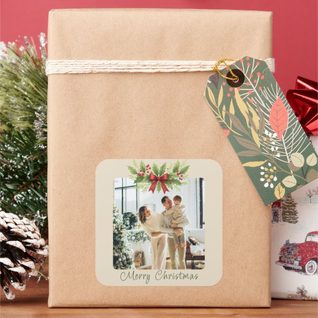 Adesivo Quadrado Elegante Azevinho e Arco Vermelho de Natal -  (Feriado)