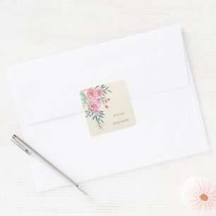Adesivo Quadrado Elegante Boho Rosa Bege Floral Aquarela Casamento 