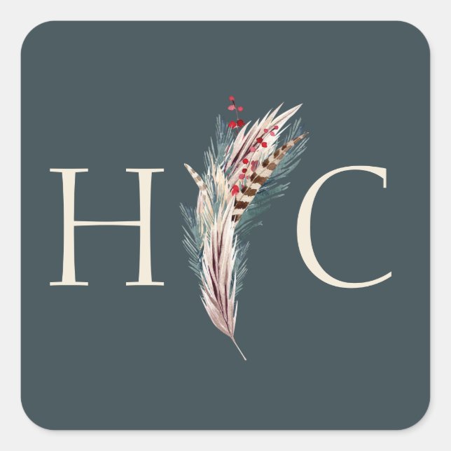 Adesivo Quadrado Elegante Boho Rustic Pampas e Pine Green Tan Red (Frente)