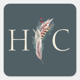 Adesivo Quadrado Elegante Boho Rustic Pampas e Pine Green Tan Red