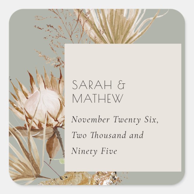 Adesivo Quadrado Elegante Boho Saga Proteína Verde Palma Seca Flora (Frente)