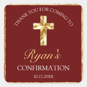 Adesivo Quadrado Elegante Burgundy Dourada Confirmação Obrigado