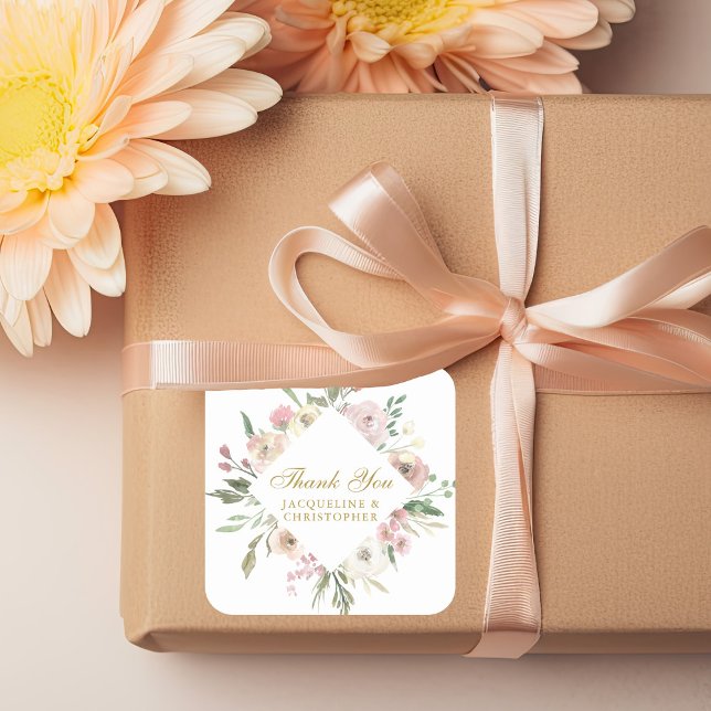 Adesivo Quadrado Elegante Casamento Dourado Floral Obrigado (Criador carregado)