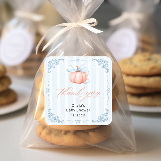 Adesivo Quadrado Elegante Chá de fraldas Pumpkin Boy Obrigado (Criador carregado)