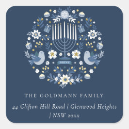 Adesivo Quadrado Elegante Classy Marinho Blue Hanukkah Endereço Flo