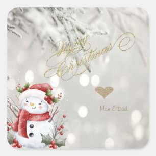 Adesivo Quadrado Elegante Coração de Brilho Dourado Boneco de Neve